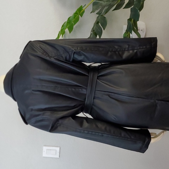 Black Faux Vegan Leather long belted Trench Coat S womens - Picture 13 of 13